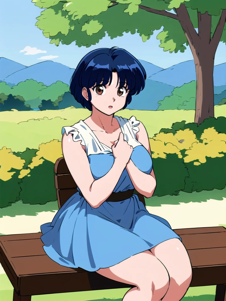 HDR, CG, sharp focus, (8k), (4k), masterpiece, best quality, detailed skin, extremely detailed, hiper detailed, sharp focus, looking at viewer, high quality, AKANE, Akane tendou, short hair, blue hair, brown eyes ,curtain pelvic DRESS, tetas grandes bush, solo, 1girl, sit on bench, park background, hands on chest, heels, white dress,
