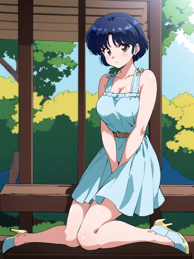 HDR, CG, sharp focus, (8k), (4k), masterpiece, best quality, detailed skin, extremely detailed, hiper detailed, sharp focus, looking at viewer, high quality, AKANE, Akane tendou, short hair, blue hair, brown eyes ,curtain pelvic DRESS, tetas grandes bush, solo, 1girl, sit on bench, park background, hands on chest, heels, white dress,
