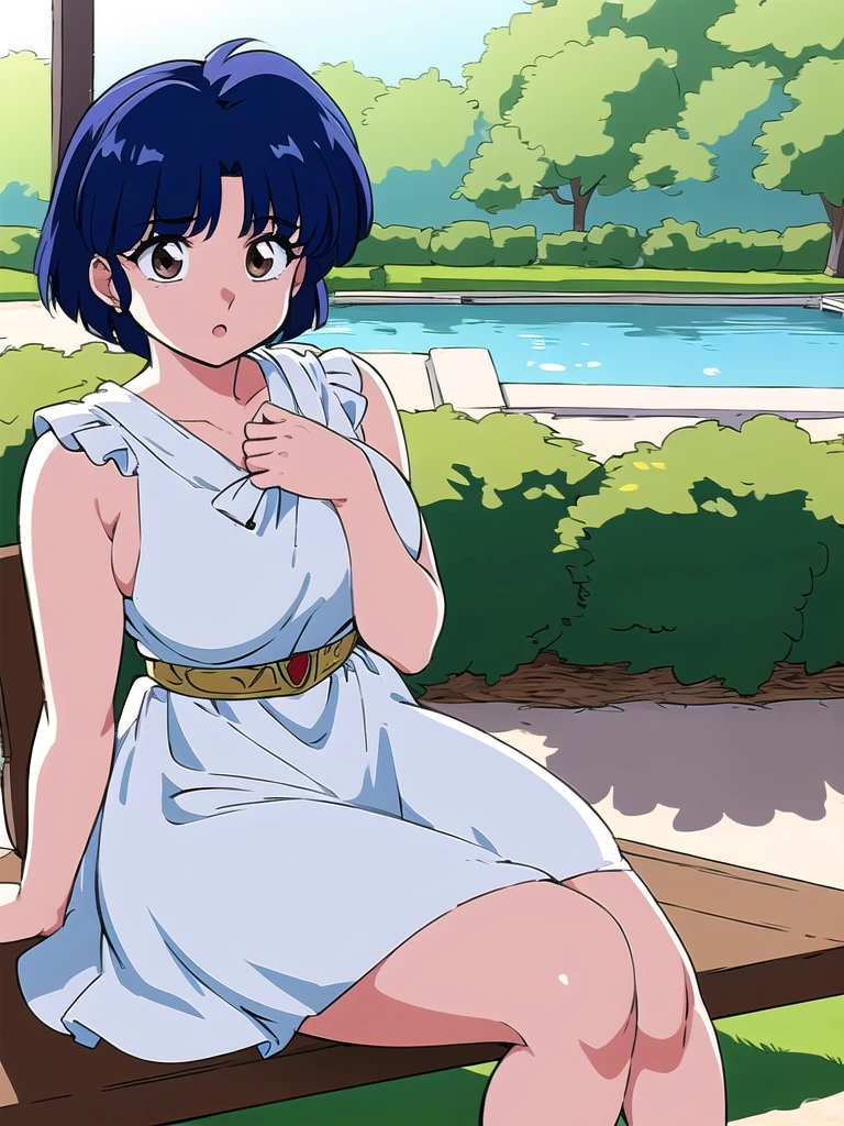HDR, CG, sharp focus, (8k), (4k), masterpiece, best quality, detailed skin, extremely detailed, hiper detailed, sharp focus, looking at viewer, high quality, AKANE, Akane tendou, short hair, blue hair, brown eyes ,curtain pelvic DRESS, tetas grandes bush, solo, 1girl, sit on bench, park background, hands on chest, heels, white dress,