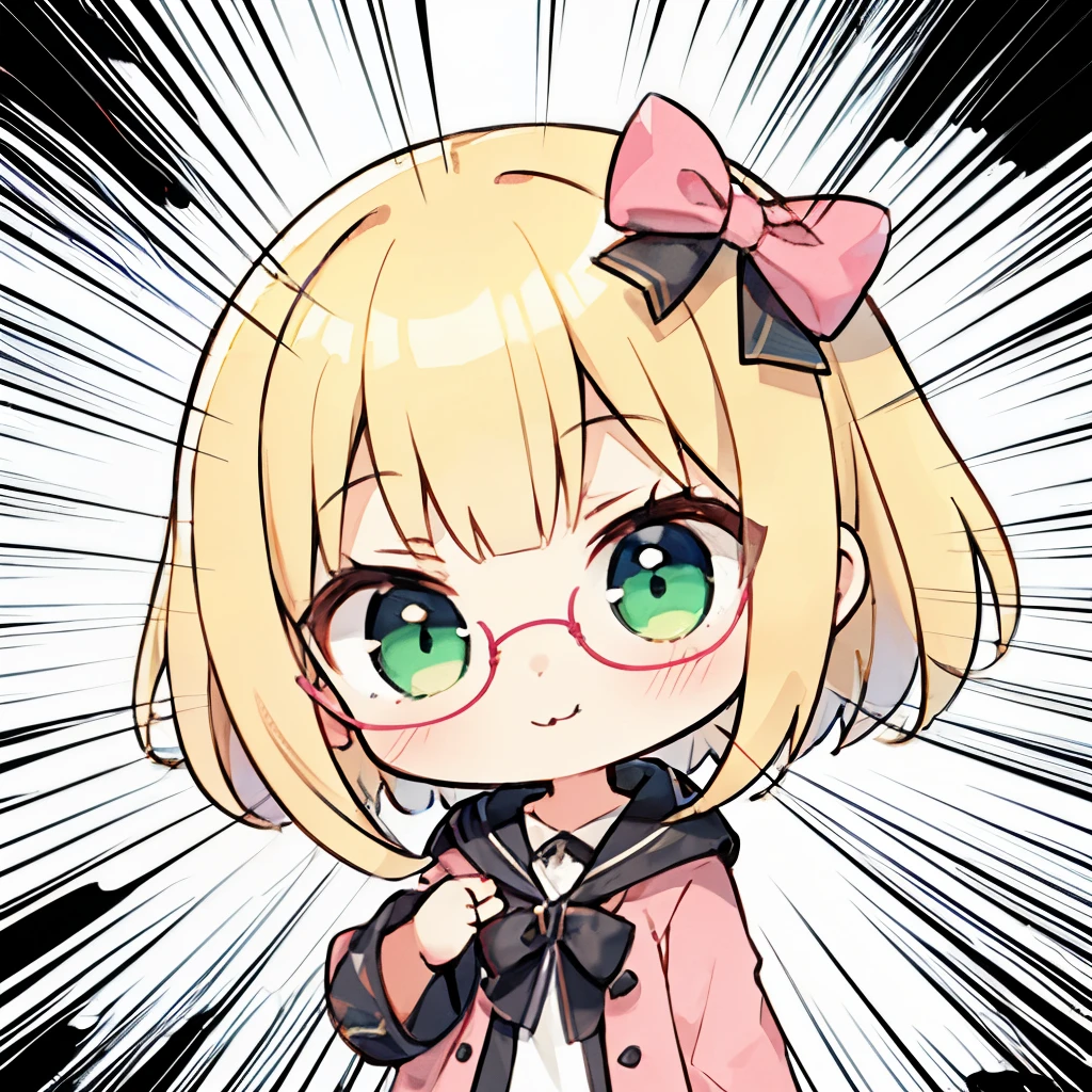 1girl, (chibi:1.4), smile, closed mouth, upper body, standing, blonde hair, glasses, pink bow, pouting, green eyes