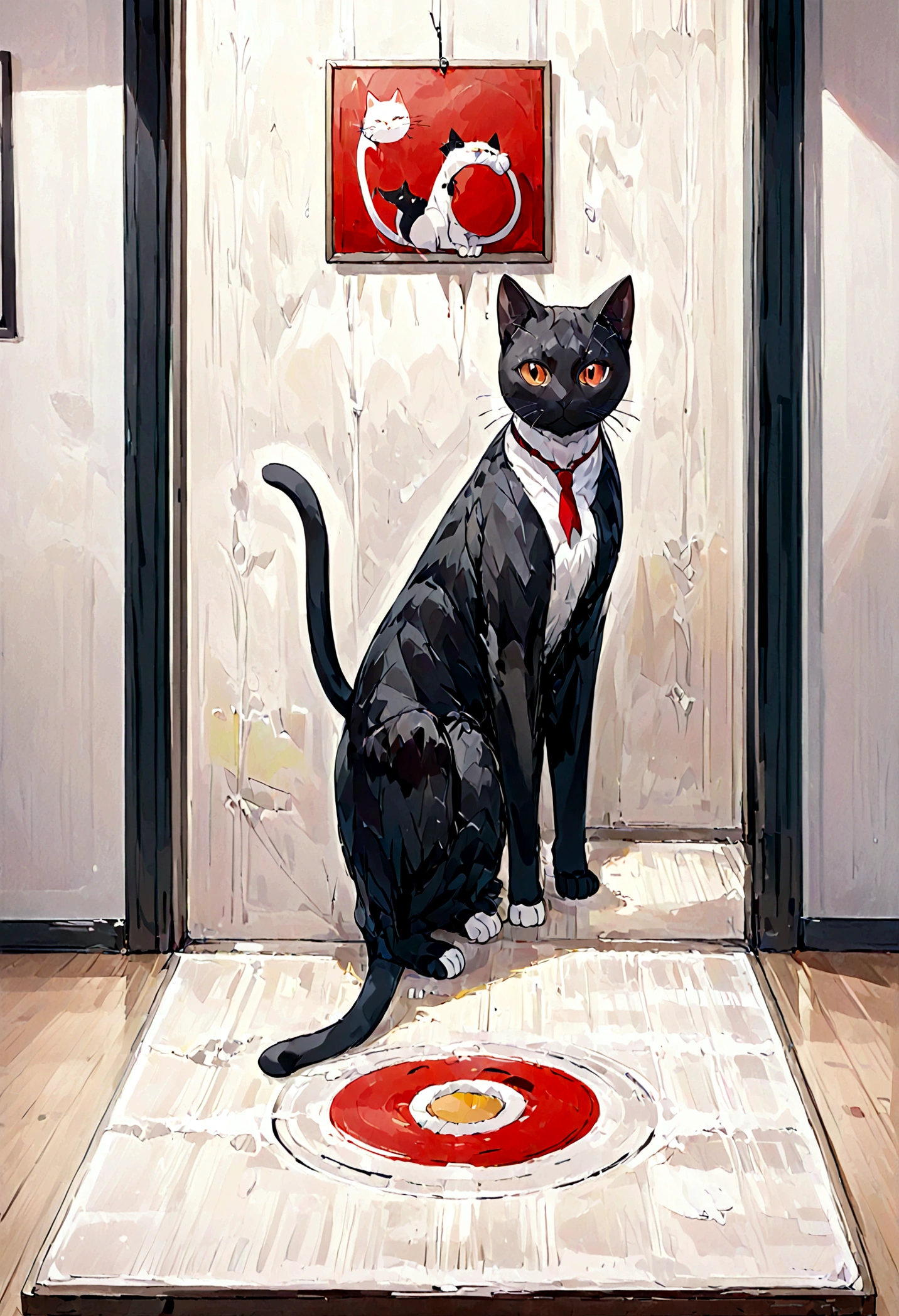 A captivating artwork by Lucianno75 featuring a cat. The iconic Lucianno style is present, with the cat depicted in primary colors and simple geometric shapes. The cat is portrayed in a balanced composition with black, white, and red, against a contrasting background. The painting exudes a sense of modern art and minimalism, while the subject adds a playful touch., painting