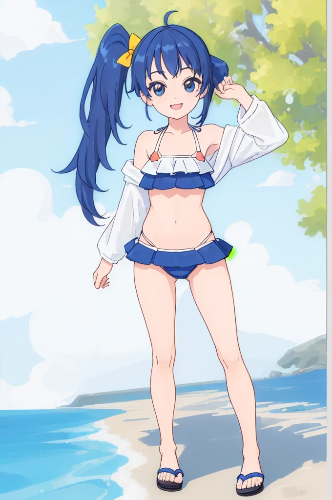 (best quality:1.4), (masterpiece:1.4), (highres:1.2), (extremely detailed:1.2),1girl,smile, looking at viewer,solo, side ponytail, (bikini:1.2), side tied bikini bottom, sandals, beach,
