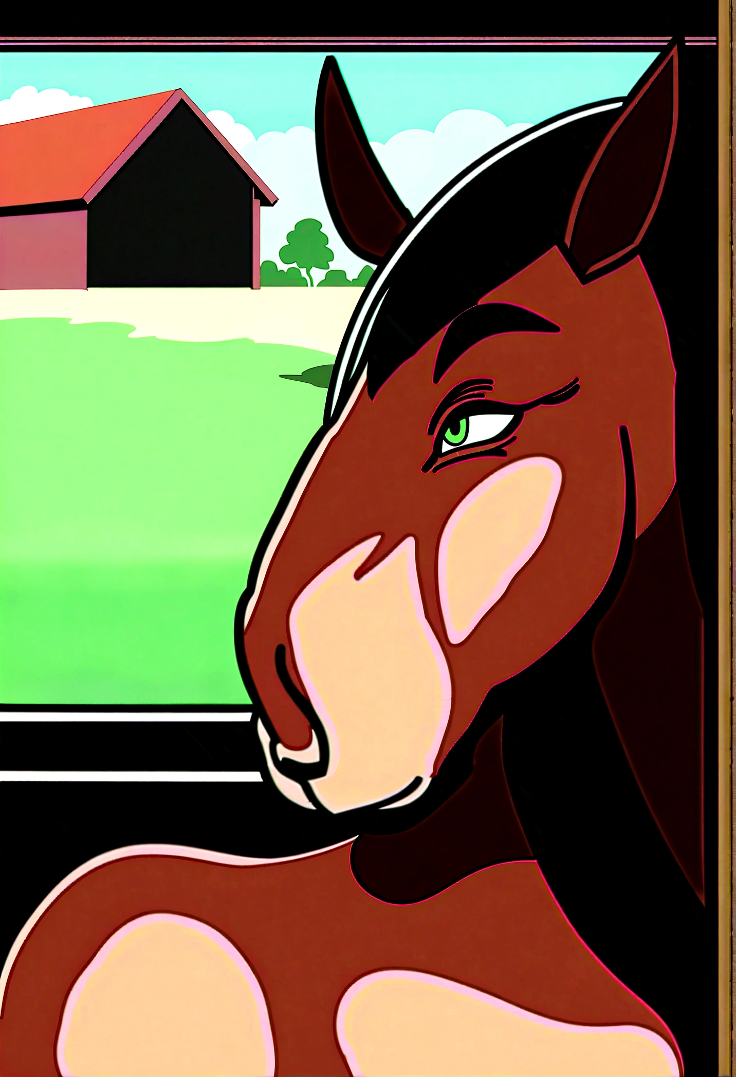 Big Mac that leans back when sitting, apple bloom nuzzling his Musk从侧面, horse, As, Slobber, whole body, exposed, Musk, Sweat, Heavy breathing, Panting, Looks happy, barn, in, OK, Women's Focus, on the face, Sniffing, olfaction,