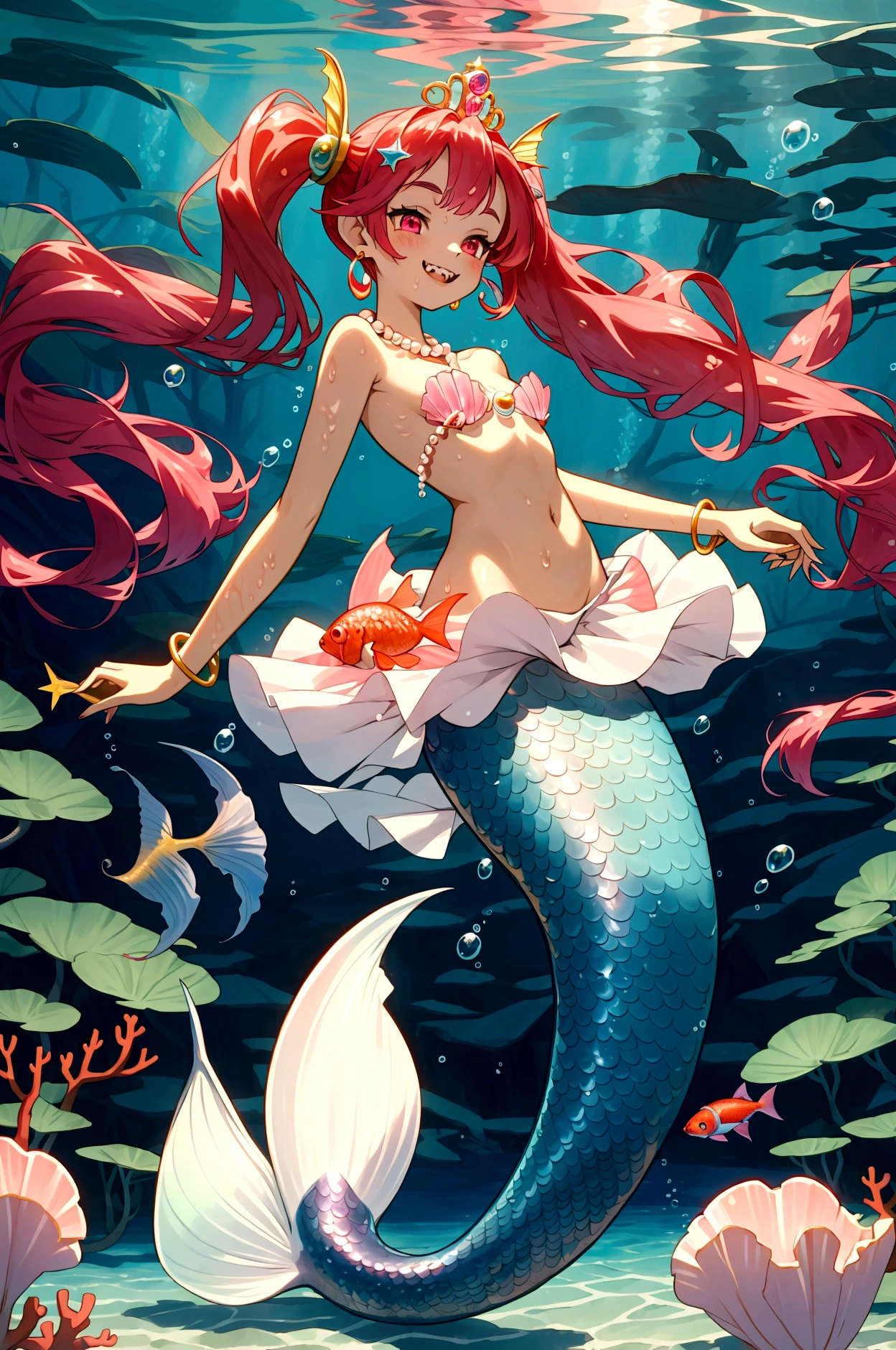 best quality,4k,8k,highres,masterpiece:1.2),ultra-detailed, Pretty  princess magically transformed into a beautiful mermaid, race swap, fantastic transformation, none human, steampunk, fish like, wet body, surrounded by small bubbles, long mermaid tail below waistline, fins ears, shimmering red fish scales, drawn in anime style, very long pigtails red hair, sharp teeth, is smiling, pink eyes, small breast, long pelvic and dorsal fins, pair of fish gills on the torso, seashells bra, starfish hair clips, pearl earrings and bracelets, pearl necklace, hair ribbons, gold tiara, red manicured nails, eye-catching accessories,beautifully detailed lips,she’s smiling,embracing her new life has a mermaid, checking her beautiful new body,underwater world,colorful coral reef,magical underwater lighting,vivid colors,breathing underwater,endless ocean depths,sunlight filtering through the water,joyful expression,playful mermaid poses,swimming gracefully,serene and peaceful environment,sparkling water,water reflections,ethereal atmosphere,subtle glow,whimsical and enchanting,mythical creatures,curious marine life,seaweed,seashells,blissful transformation,fantastical ocean adventure,beauty of the ocean depth.