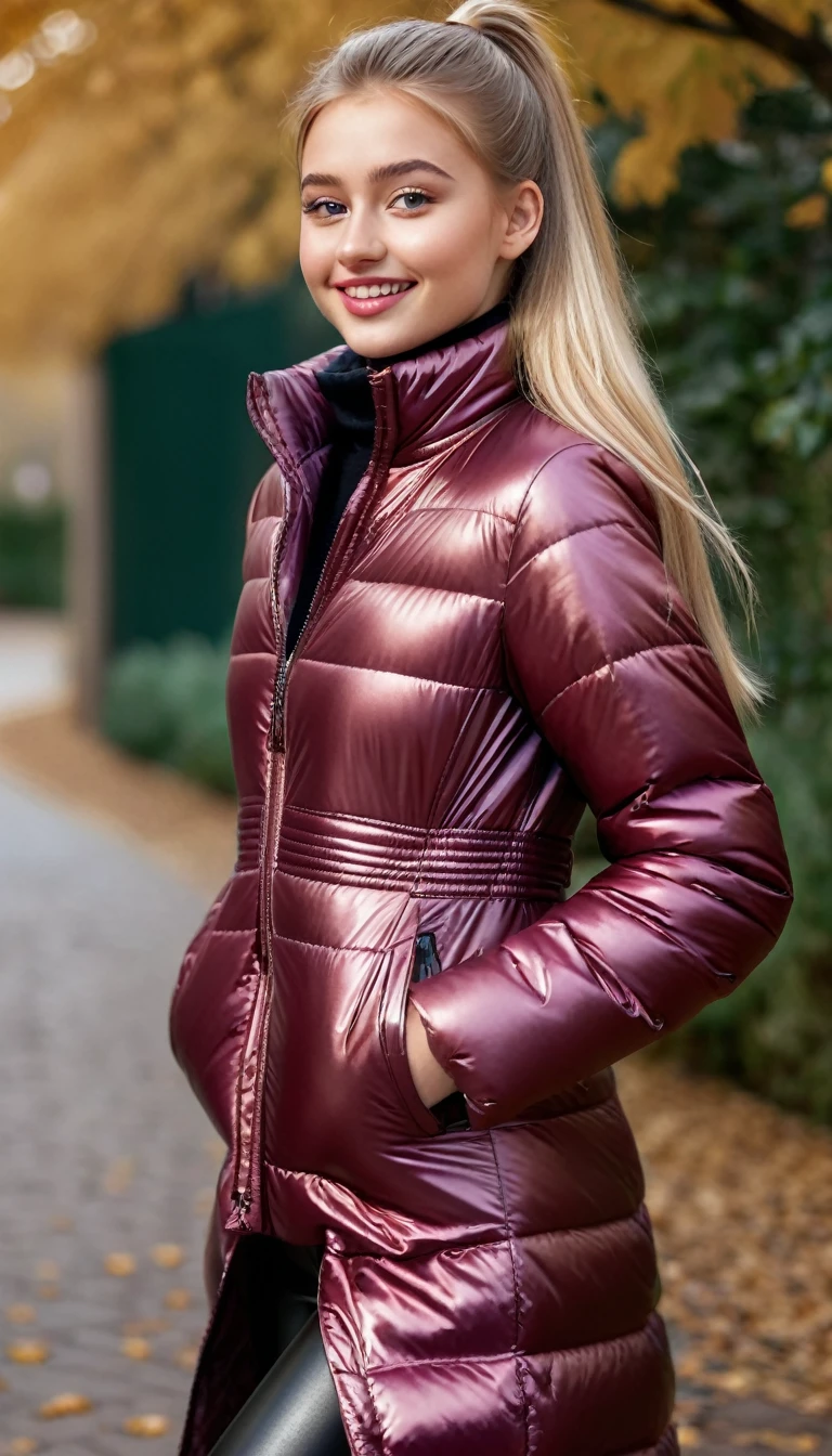 ultrarealistic high quality full body photo of a beautiful busty slim european 18-year-old woman with cute hyperdetailed shy face and natural blonde straight long ponytail and shy smile , realistic round hazel eyes, natural lips, light makeup, wearing shiny metallic burgundy puffer coat and leather pants, hourglass body, outdoor photography, tanned, nsfw
