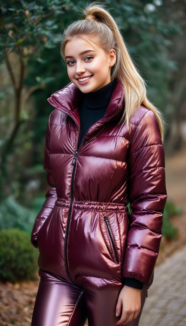 ultrarealistic high quality full body photo of a beautiful busty slim european 18-year-old woman with cute hyperdetailed shy face and natural blonde straight long ponytail and shy smile , realistic round hazel eyes, natural lips, light makeup, wearing shiny metallic burgundy puffer coat and leather pants, hourglass body, outdoor photography, tanned, nsfw