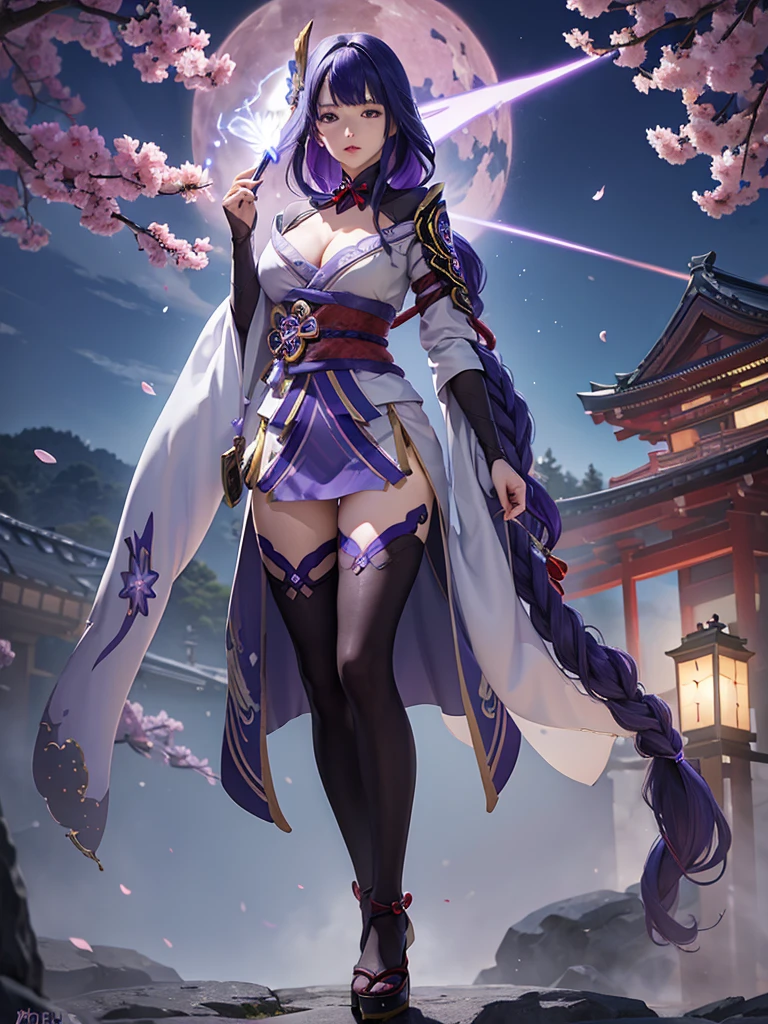 ((Full body image:1.4))Japanese Shrines, (Highest quality，Realistic,masterpiece:1.2，8k wallpaper:1.2)，((Pale skin))，One Girl，women only，((raidenshogndef))((Genshin Impact，General Raiden))，Lightning Particles，Purple Lightning，Light background，cherry blossoms，Purple Theme，Delicate facial features，Sexy and beautiful anime girls，General Raiden，Long purple hair，Rosy lips，Anime Mouth，(Very sad face)，large breasts, Beautiful cleavage
