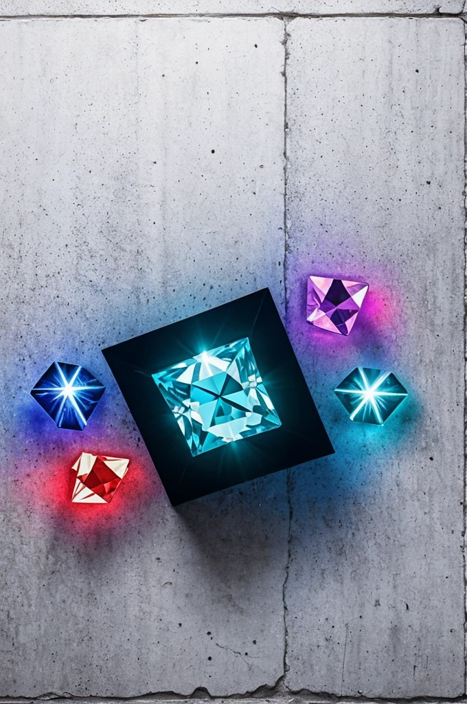 Only 5 blue diamonds , Red , green , yellow and purple are floating, illuminated by a white light reflector , making the diamonds shine , The background of the image is a white brick wall with black stars painted graffiti style around it. 