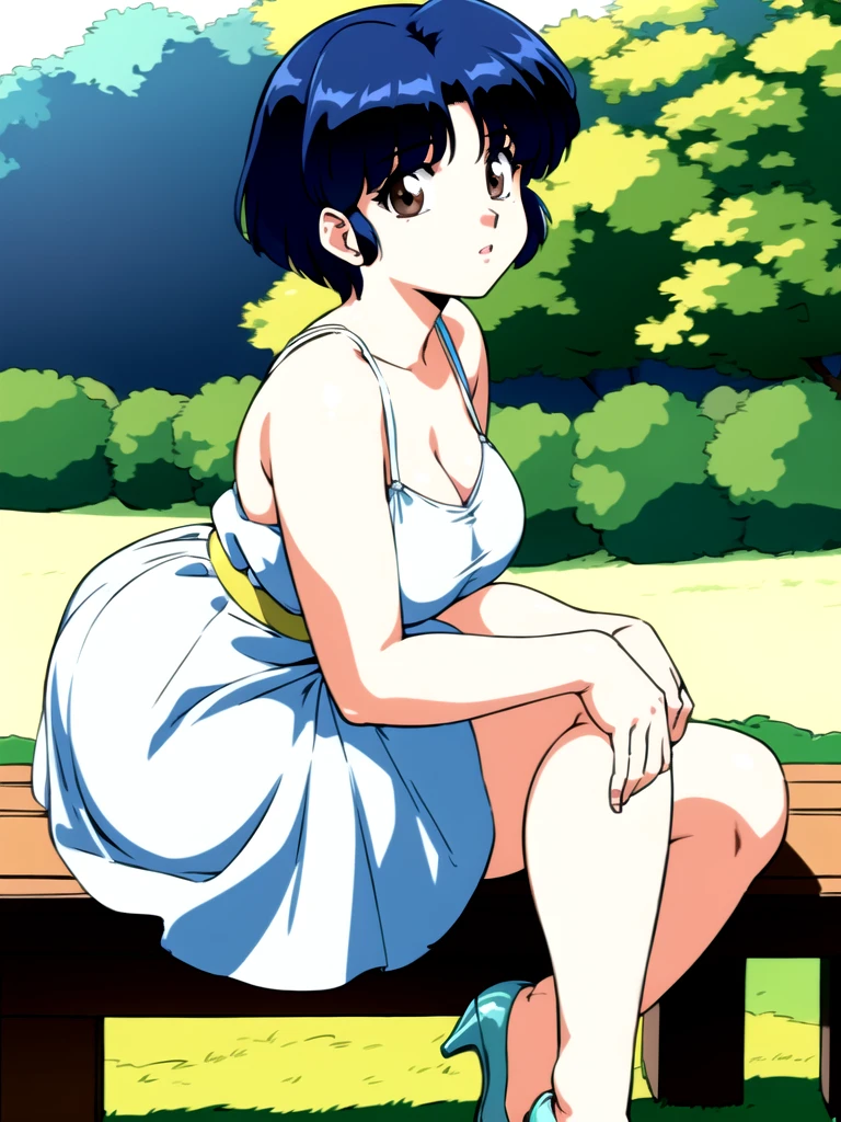 HDR, CG, sharp focus, (8k), (4k), masterpiece, best quality, detailed skin, extremely detailed, hiper detailed, sharp focus, looking at viewer, high quality, AKANE, Akane tendou, short hair, blue hair, brown eyes ,curtain pelvic DRESS, tetas grandes bush, solo, 1girl, sit on bench, park background, hands on chest, heels, white dress,