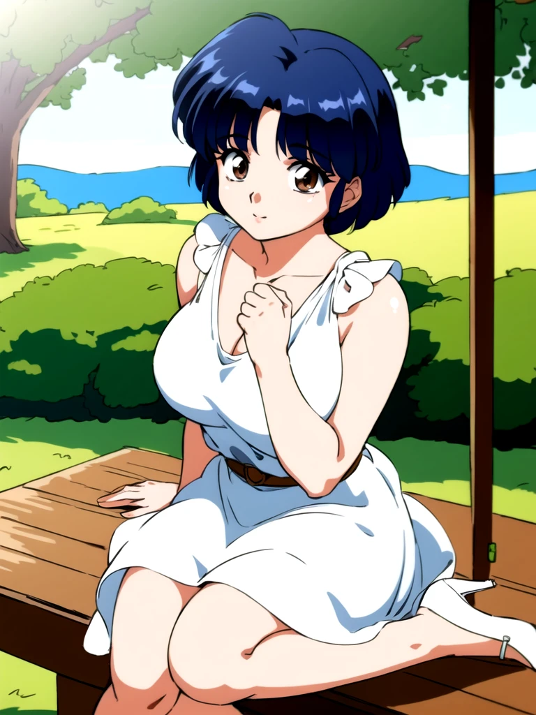 HDR, CG, sharp focus, (8k), (4k), masterpiece, best quality, detailed skin, extremely detailed, hiper detailed, sharp focus, looking at viewer, high quality, AKANE, Akane tendou, short hair, blue hair, brown eyes ,curtain pelvic DRESS, tetas grandes bush, solo, 1girl, sit on bench, park background, hands on chest, heels, white dress,
