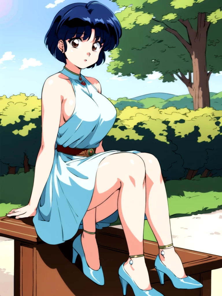 HDR, CG, sharp focus, (8k), (4k), masterpiece, best quality, detailed skin, extremely detailed, hiper detailed,  sharp focus, looking at viewer, high quality,  AKANE, Akane tendou, short hair, blue hair, brown eyes ,curtain pelvic DRESS,  tetas grandes bush, solo, 1girl, sit on bench, park background, hands on chest, heels,  white dress,

