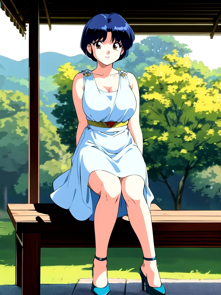 HDR, CG, sharp focus, (8k), (4k), masterpiece, best quality, detailed skin, extremely detailed, hiper detailed,  sharp focus, looking at viewer, high quality,  AKANE, Akane tendou, short hair, blue hair, brown eyes ,curtain pelvic DRESS,  tetas grandes bush, solo, 1girl, sit on bench, park background, hands on chest, heels,  white dress,

