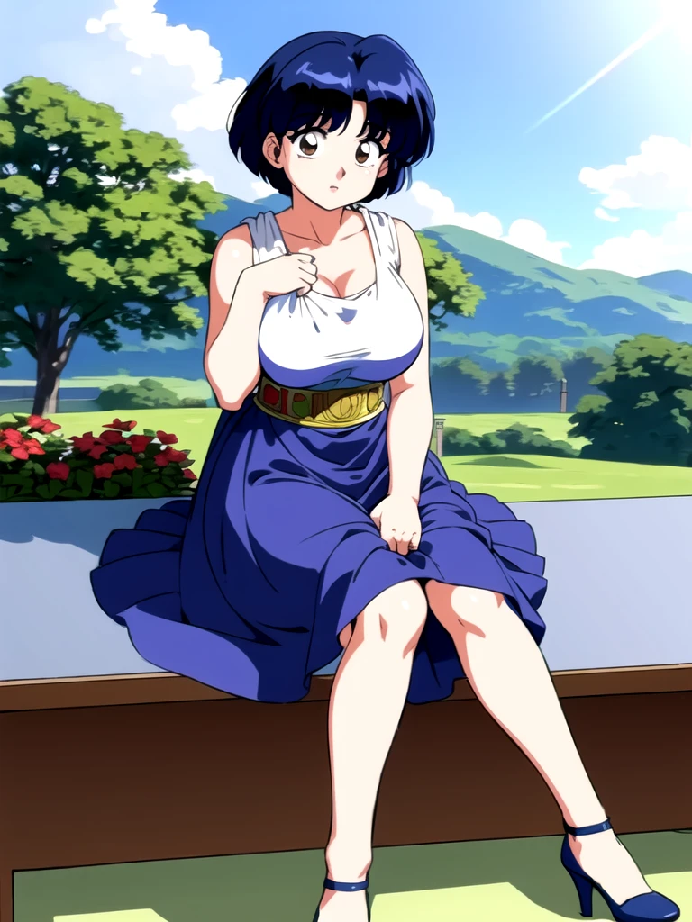 HDR, CG, sharp focus, (8k), (4k), masterpiece, best quality, detailed skin, extremely detailed, hiper detailed,  sharp focus, looking at viewer, high quality,  AKANE, Akane tendou, short hair, blue hair, brown eyes ,curtain pelvic DRESS,  tetas grandes bush, solo, 1girl, sit on bench, park background, hands on chest, heels,  white dress,
