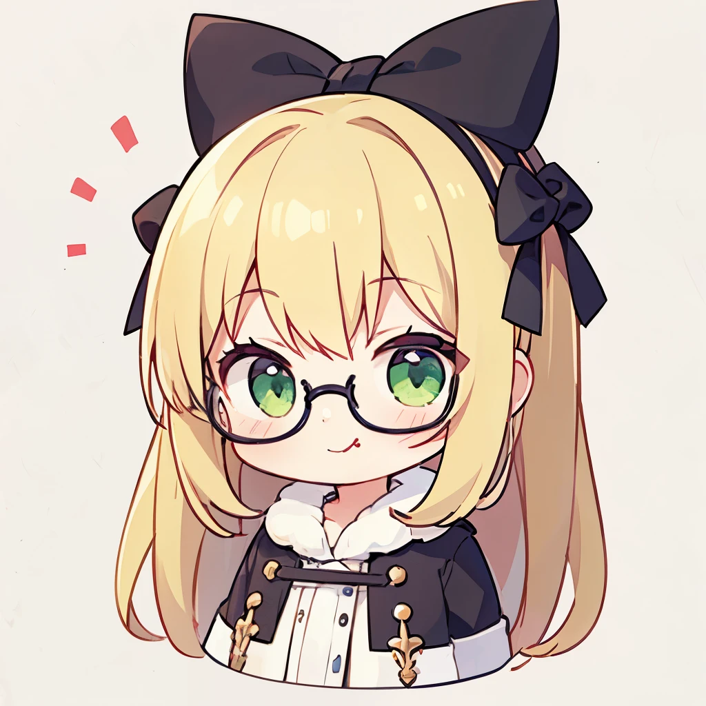 1girl, (chibi:1.4), smile, closed mouth, upper body, standing, blonde hair, glasses, pink bow, pouting, green eyes, long hair