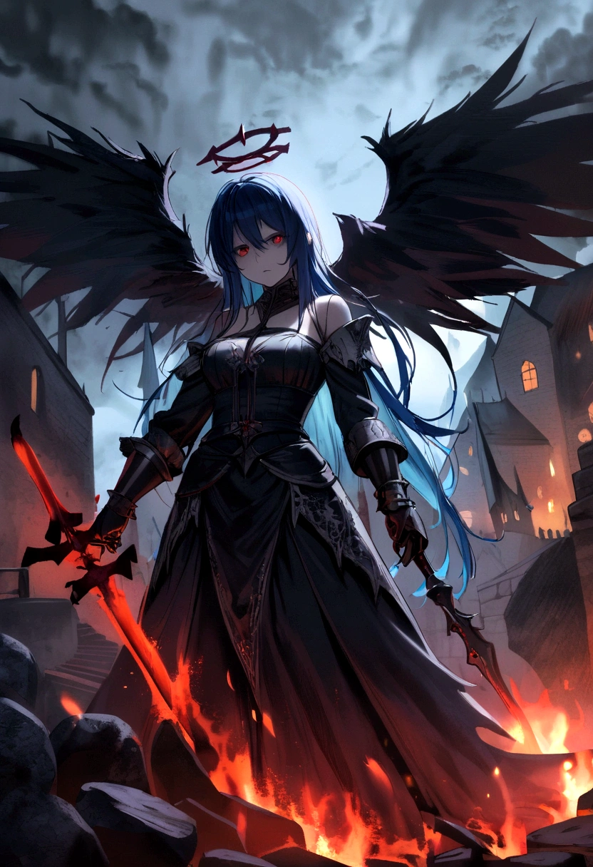 (dark,menacing:1.2),evil dark angel, (long blue hair:1.1), (red halo:1.1), (flaming sword:1.1) shaped like a cross, (dark fantasy:1.2), (red eyes:1.1), (black wings:1.1), (sinister aura:1.1), eerie atmosphere, (ominous shadows:1.1), (mysterious background:1.1), (intense lighting:1.1), (dramatic pose:1.1), medieval, soaked in blood, gore, horror