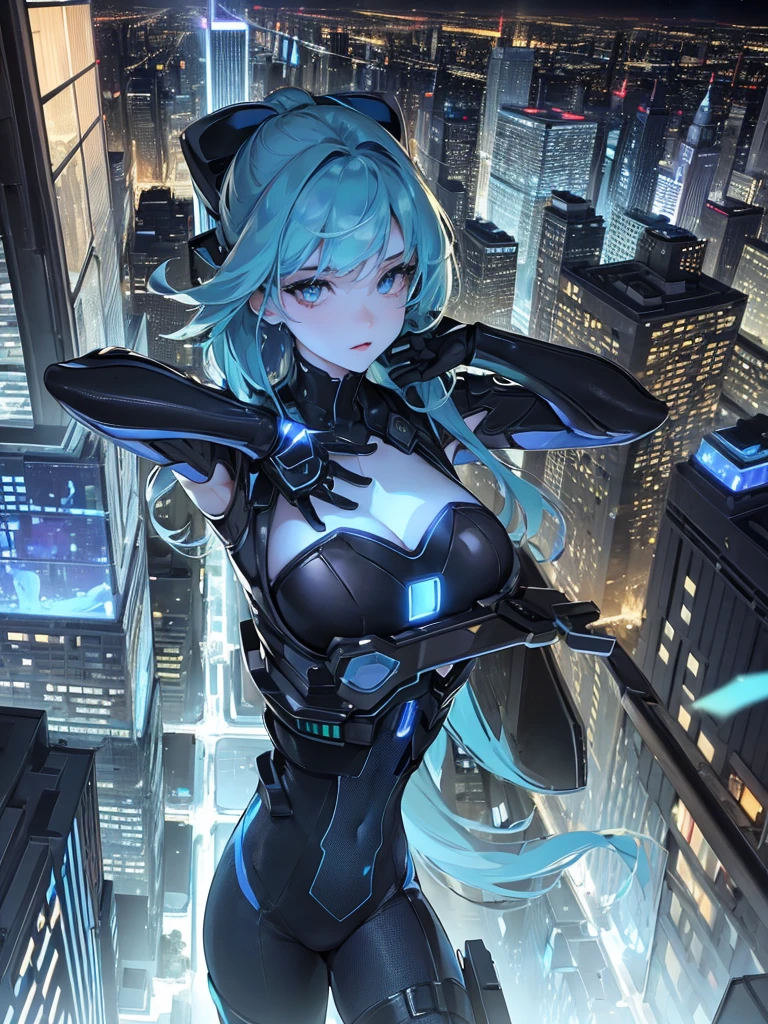 amazing lightingbolt beautiful woman, blue color, extremely huge bust, run on the empty street, luminous, reflective, hyper detailed, trending on artstation, intricate details, highly detailed, background big city with skyscrapers at night, super detail, ultra realistic, cinematic lighting, amazing, best color, perfect image high flying aerial top down view, photorealistic, a sprawling cityscape emerges, adorned with towering skyscrapers, photograph, advanced technology and bustling activity create a sense of awe and wonder, at night, super detail, ultra realistic, cinematic lighting, amazing, best color, perfect image perspective, by DamShelma