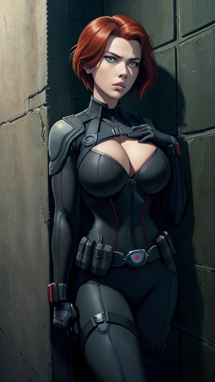 Scarlett Johansson as Black Widow, ((Masterpiece)); ((Natural Beauty)); ((Ultrarealistic green eyes)); both eyes are similar; ((Ultrarealistic fair white skin)); ((Ultrarealistic round boobs)); Deep Cleavage; ((Ultrarealistic red short classic bob haircut hairstyle)); ((Ultrarealistic round Asscheeks)); ((Ultrarealistic widow bite black gloves)); ((Ultrarealistic black widow utility belt)); black and red tactical vest; Bright Red stripe accents on the side of the suit; Short sleeve; looking at the viewer;
Leaning Against a Wall: Black Widow stands casually leaning against a wall with one foot propped up against it. Her arms are crossed over her chest, and her short hair falls slightly over her eyes. She has a relaxed but vigilant expression, ready to spring into action if needed.