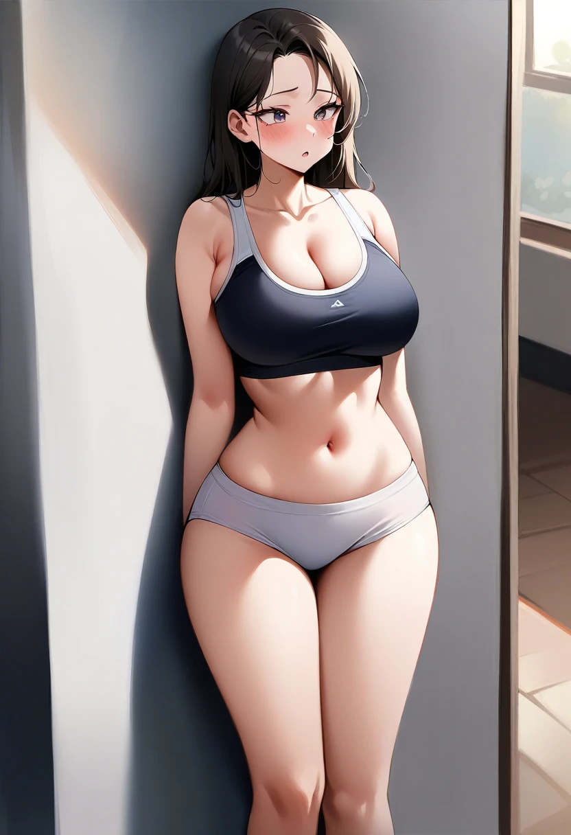 ultra Realistic photo, ((21-year-old girl wearing a training bra)), Dean Wo, (Small waist), One girl, blush, masterpiece, 最high quality, absurdes, Award-winning photograph, Attention to detail, Very complicated,, Detailed face + eye, Natural light, Realistic, Very detailed, photograph, masterpiece, high quality, high quality, High resolution, sexy, Lovely, Detailed face, whole body, Beautiful Face, Open black shirt, It gives me goosebumps, 1 only, One girl, full body,big breasts,