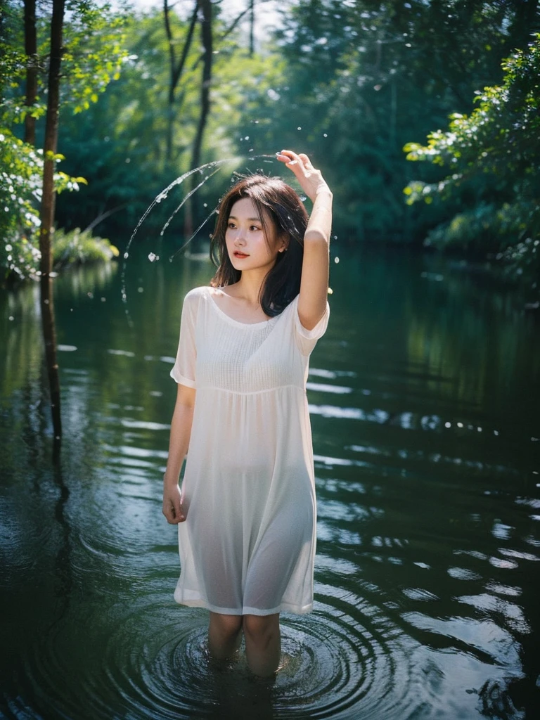 Best quality, ultra highly res, Realistic full body photography in the dark swamps from a young pretty uzbek women, floating of leaves, soaking wet and submarged with water, wearing transparent nightdress, hair blowing in the wind, sunlight exposure, dynamic shadow on the face, cinematic lighting, proportional composition, perfect face and eyes, motion blur effect, cinematic aesthetics photography inspired by annie leibovitz
