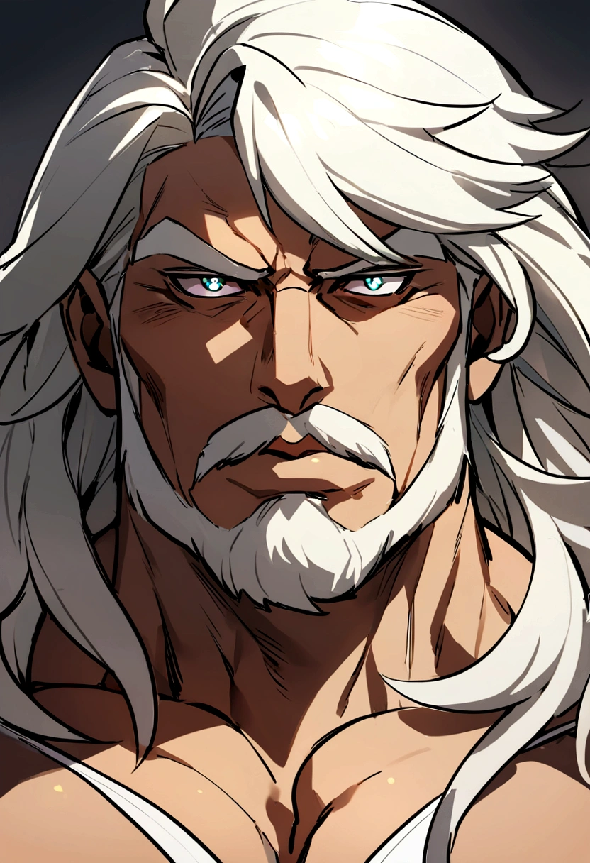 Um cara brasileiro branco, oval and manly face, alto com cabelo ralo branco e barba rala branca em um corte de lobo. He has a well-built body and looks like someone who just stepped out of a movie, com camisa entreaberta. He has full lips and straight eyebrows, grossas e negras. Her skin is lightly tanned and her body is muscular. Ele tem olhos negros e um queixo de chade.