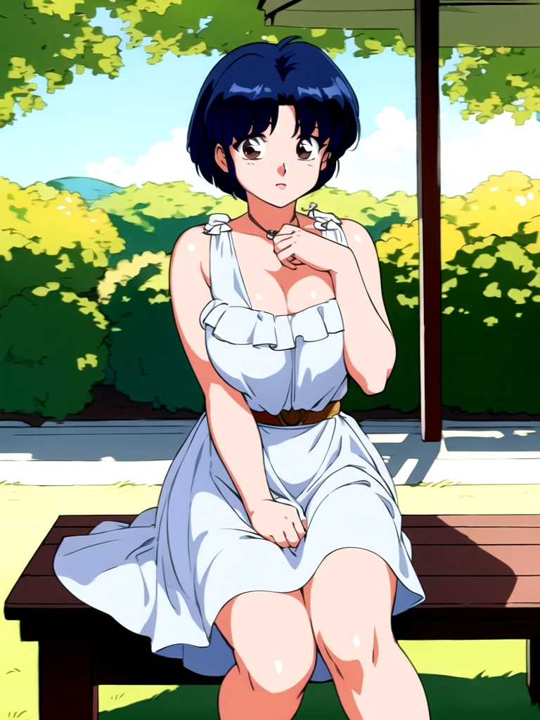 HDR, CG, sharp focus, (8k), (4k), masterpiece, best quality, detailed skin, extremely detailed, hiper detailed, sharp focus, looking at viewer, high quality, AKANE, Akane tendou, short hair, blue hair, brown eyes ,curtain pelvic DRESS, tetas grandes bush, solo, 1girl, sit on bench, park background, hands on chest, heels, white dress,