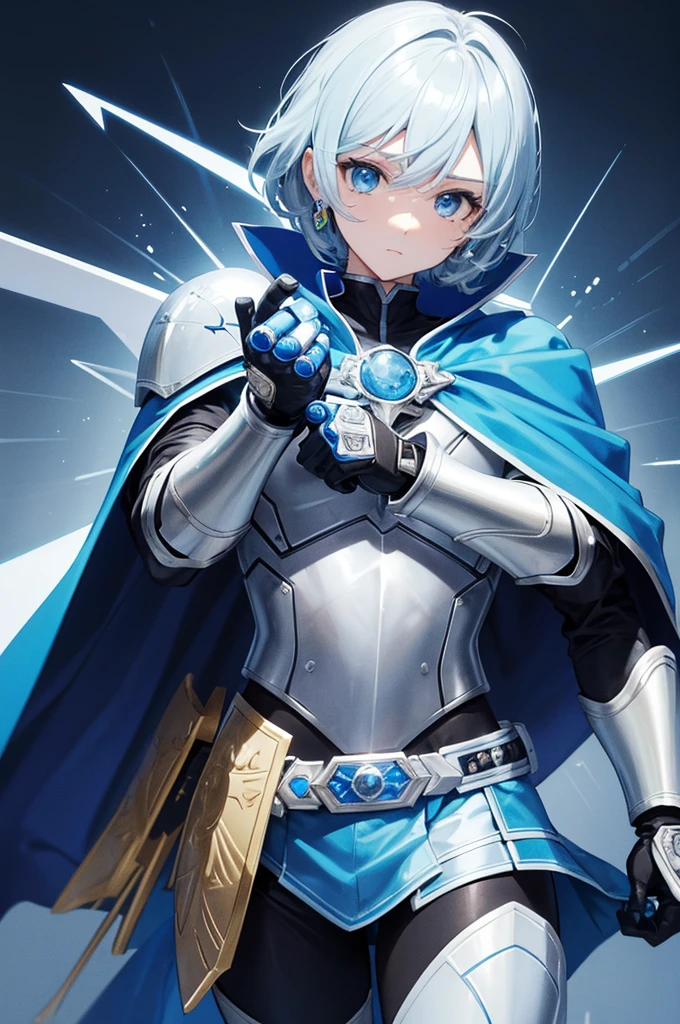 holding_handgun,knight,Blue Cape, Kamen Rider Style,fish emblem,{masterpiece},{best quality},{super detailed},{super fine illustration},beautiful background,perfect hands,perfect face,