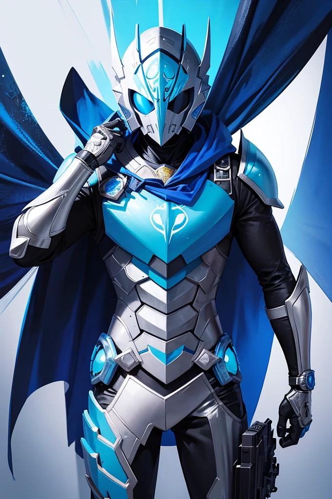 holding_handgun,knight,Blue Cape, Kamen Rider Style,fish emblem,{masterpiece},{best quality},{super detailed},{super fine illustration},beautiful background,perfect hands,perfect face,