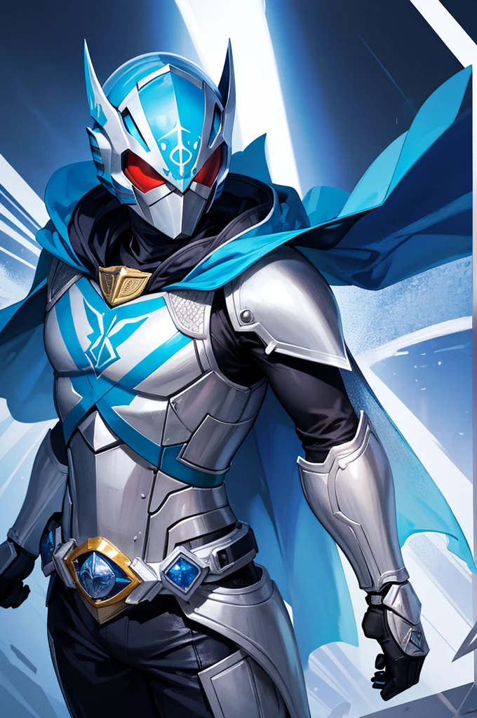 holding_handgun,knight,Blue Cape, Kamen Rider Style,fish emblem,{masterpiece},{best quality},{super detailed},{super fine illustration},beautiful background,perfect hands,perfect face,