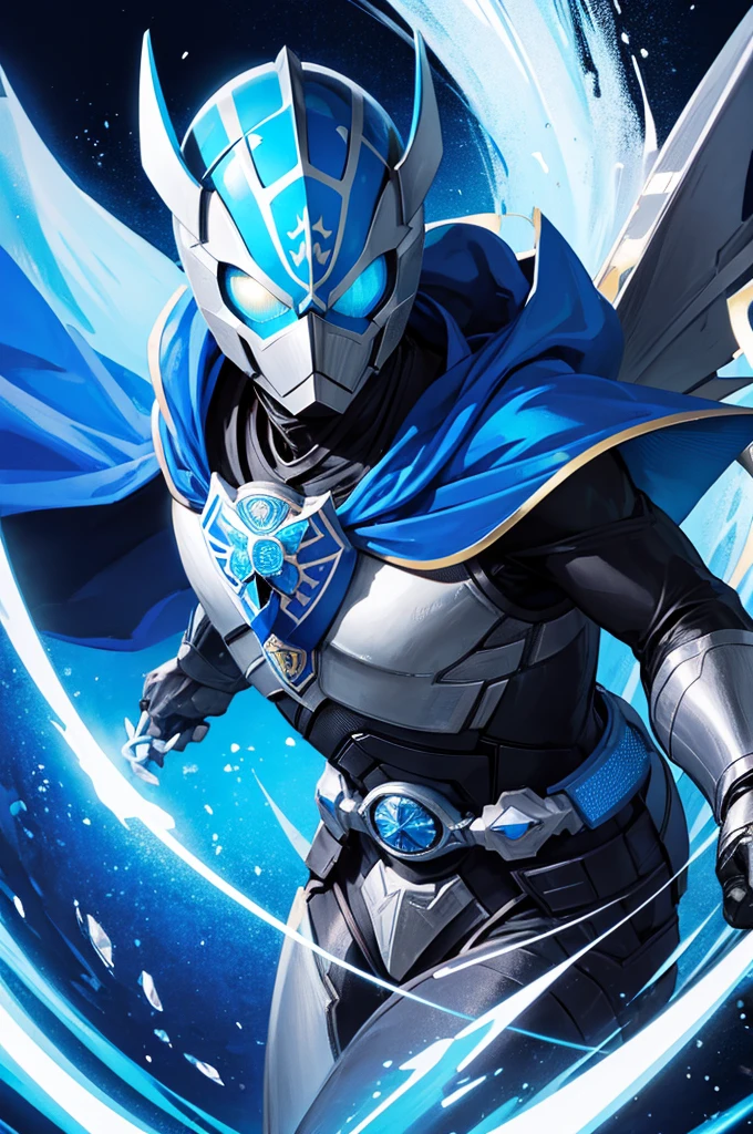 holding_handgun,knight,Blue Cape, Kamen Rider Style,fish emblem,{masterpiece},{best quality},{super detailed},{super fine illustration},beautiful background,perfect hands,perfect face,