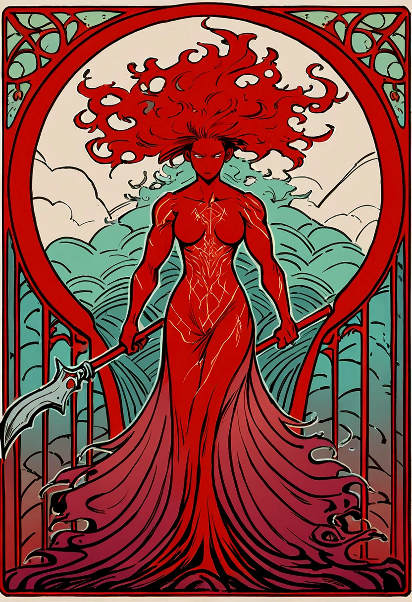 full length portrait of a monster, strong, , the body engraved with ancient runes and filled with scars and war wounds, Wrapped in a red mist and rain running down your body, holding a huge ax with a look of rage and aggressive pose. (Tetradic colors), InkPunk, Ink lines, strong outlines, Art Nouveau, art st