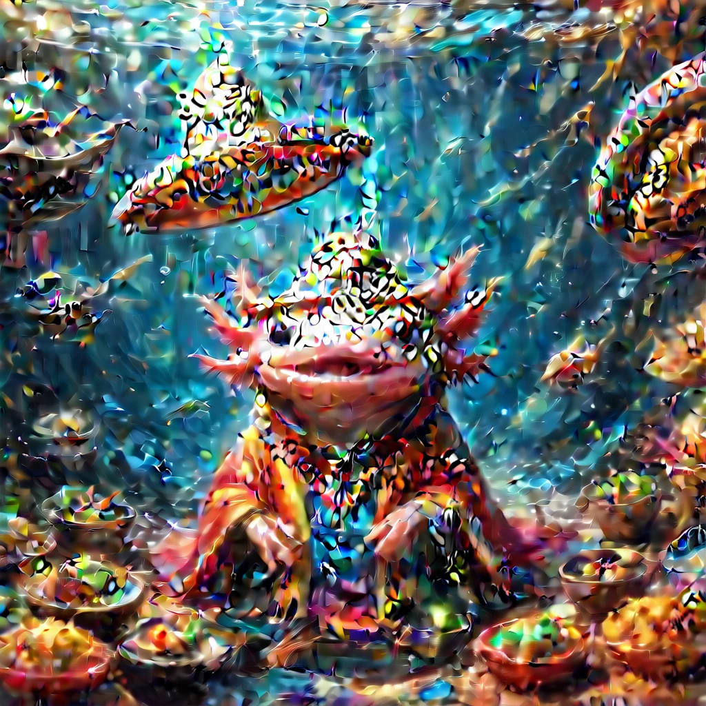 (masterpiece:1.5) axomdel2, A happy axolotl wearing sombrero and poncho, with details of tacos 