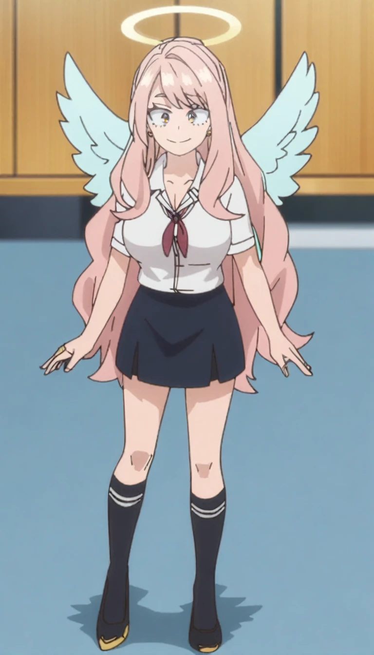 1girl, my hero academia screencap, boku no hero academia, pink hair, gold eyes, smiling, super long hair, cute, wearing white school shirt, red ribbon tie on shirt, in a classroom, cute gold earrings, bangs, , full body, large angel wings on back, halo, short skirt, thigh high black socks, big boobs , cute, elegant