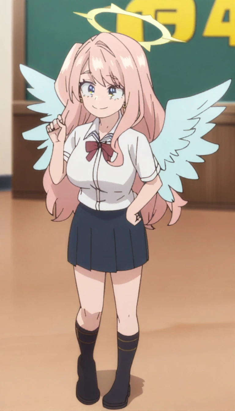 1girl, my hero academia screencap, boku no hero academia, pink hair, gold eyes, smiling, super long hair, cute, wearing white school shirt, red ribbon tie on shirt, in a classroom, cute gold earrings, bangs, , full body, large angel wings on back, halo, short skirt, thigh high black socks, big boobs , cute, elegant
