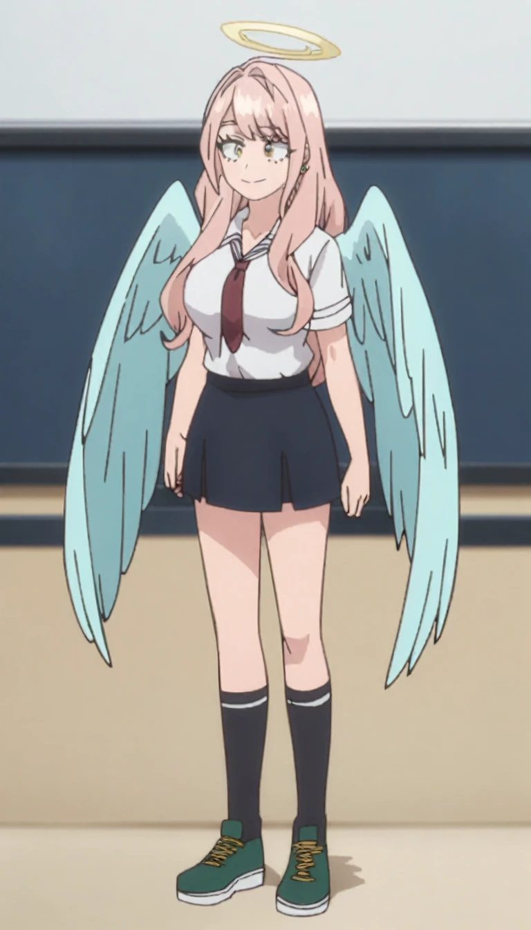 1girl, my hero academia screencap, boku no hero academia, pink hair, gold eyes, smiling, super long hair, cute, wearing white school shirt, red ribbon tie on shirt, in a classroom, cute gold earrings, bangs, , full body, large angel wings on back, halo, short skirt, thigh high black socks, big boobs , cute, elegant
