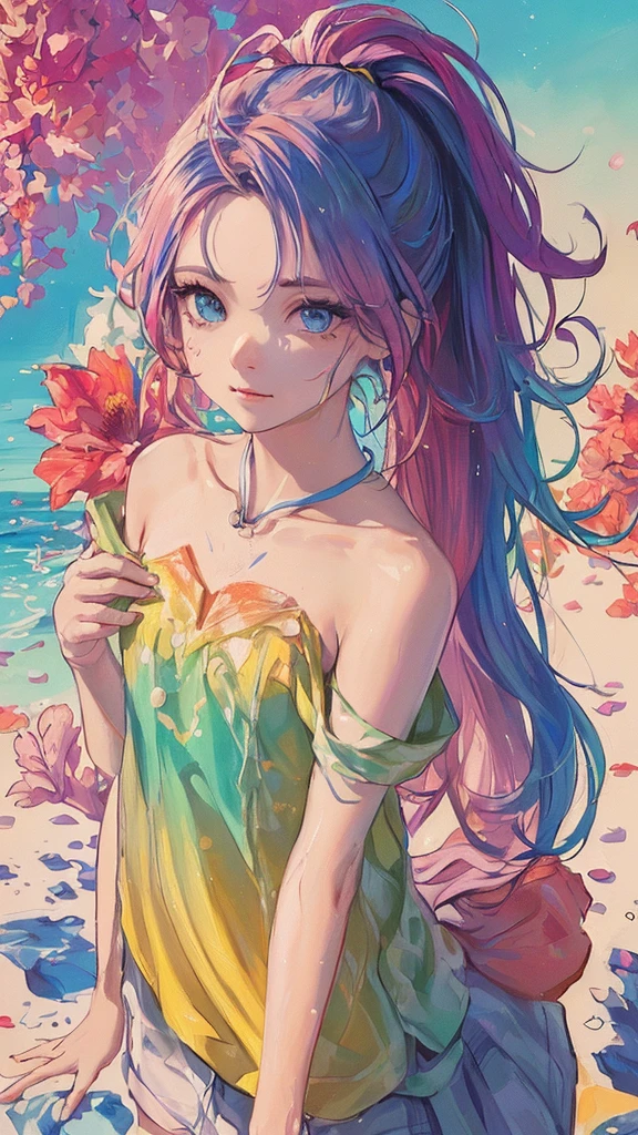 (Fashionable pink t-shirt:1.9),(showy hair: 1.8), (all the colors of the rainbow: 1.8),(((((vertical painting:1.6))), (smarting:1.6),forehead, comic books, illustrations, chart, largeeyes, crystal clear eyes,( high ponytail with rainbow color gradient:1.7), exquisite makeup, Closed mouth,(small fresh: 1.5),(Clean the chest: 1.6) ,long eyelashes, Camiseta blanca bare shoulders, White Shoulder Shirt,Looking at the audience, big, watery eyes, (rainbow hair:1.6), colorful splashes, (Alone:1.8), colorful splashes, color explosion, Thick smart Style, messy lines, ((bright)),(showy), (showy), (showy), showy, Thick smart Style, (chapoteo) (colorful splashes), vertical painting, Upper part of the body, paint splash, acrylic pigment, Gradient, smart, Maximum image quality, of the highest quality, masterpiece, Alone, depth of field, face paint, showy clothes, (elegant: 1.2), gorgeous,wide, wind, (elegant: 1.3), (Petals: 1.4),(((masterpiece))),(((Best Quality))),((ultra detailed)),(illustration),(dynamic angle),((floating)),(smart),((messy hair)),(Alone),(1 girl) , (((detailed anima face))),((beautiful detailed face)),neck,bare shoulders,by white, ((showy hair)),((striped hair)),beautiful detailed eyes,(Gradient color eyes),(((showy eyes))),(((showy background))),(((High saturation))),(((rodeado de colorful splashes))),(Fashionable pink t-shirt:1.9),(showy hair: 1.8), (all the colors of the rainbow: 1.8),(((((vertical painting:1.6))), (smarting:1.6),forehead, comic books, illustrations, chart, largeeyes, crystal clear eyes,( high ponytail with rainbow color gradient:1.7), exquisite makeup, Closed mouth,(small fresh: 1.5),(Clean the chest: 1.6) ,long eyelashes, Camiseta blanca bare shoulders, White Shoulder Shirt,Looking at the audience, big, watery eyes, (rainbow hair:1.6), salpi