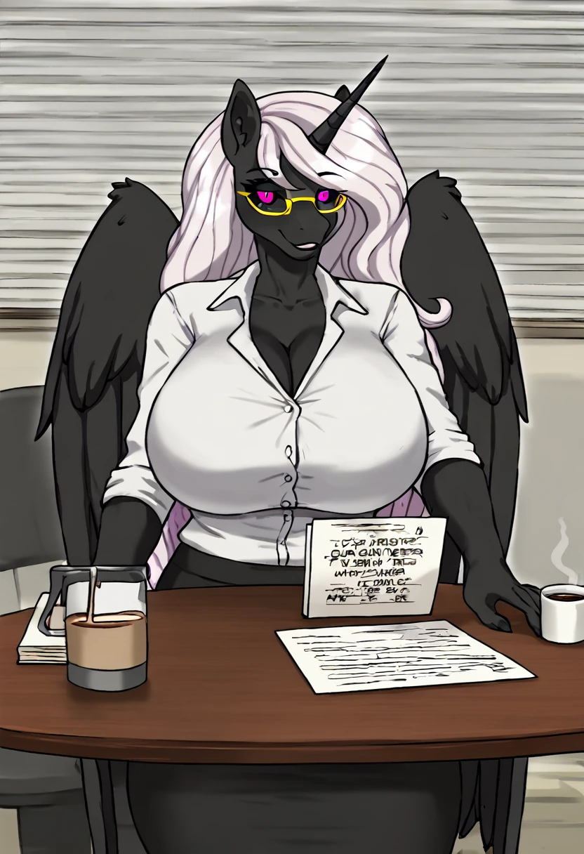 Alicorn princess, white mane,black sclera ,black body color  long flowing  mane pink eyes anthro huge breasts 
hot for teacher yellow glasses, black skirt suit,doing paperwork ,,writing ,office coffee cup on table ,computer 