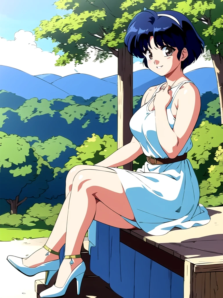 HDR, CG, sharp focus, (8k), (4k), masterpiece, best quality, detailed skin, extremely detailed, hiper detailed,  sharp focus, looking at viewer, high quality,  AKANE, Akane tendou, short hair, blue hair, brown eyes ,curtain pelvic DRESS,  tetas grandes bush, solo, 1girl, sit on bench, park background, hands on chest, heels,  white dress, smile, 