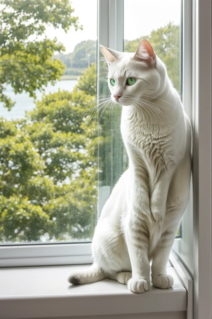 Green eyed cat with white fur color sitting on the window looking at the horizon 