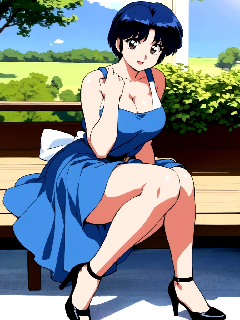 HDR, CG, sharp focus, (8k), (4k), masterpiece, best quality, detailed skin, extremely detailed, hiper detailed, sharp focus, looking at viewer, high quality, AKANE, Akane tendou, short hair, blue hair, brown eyes ,curtain pelvic DRESS, tetas grandes bush, solo, 1girl, sit on bench, park background, hands on chest, heels, white dress,