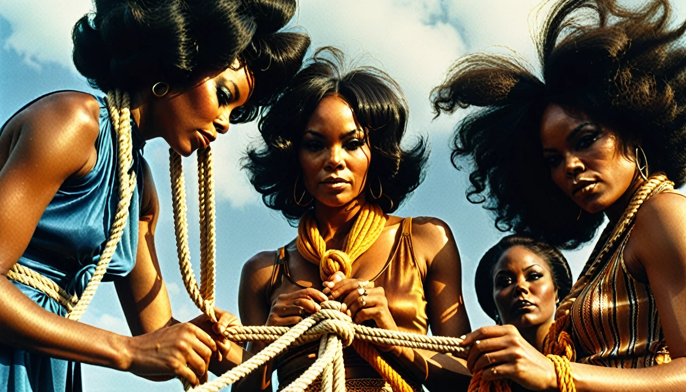 1970s photo of 3 beautiful african-american women wearing sexy 1970s attire tying a knot with rope, atmospheric perspective, textured skin, cinematic action, super detail,