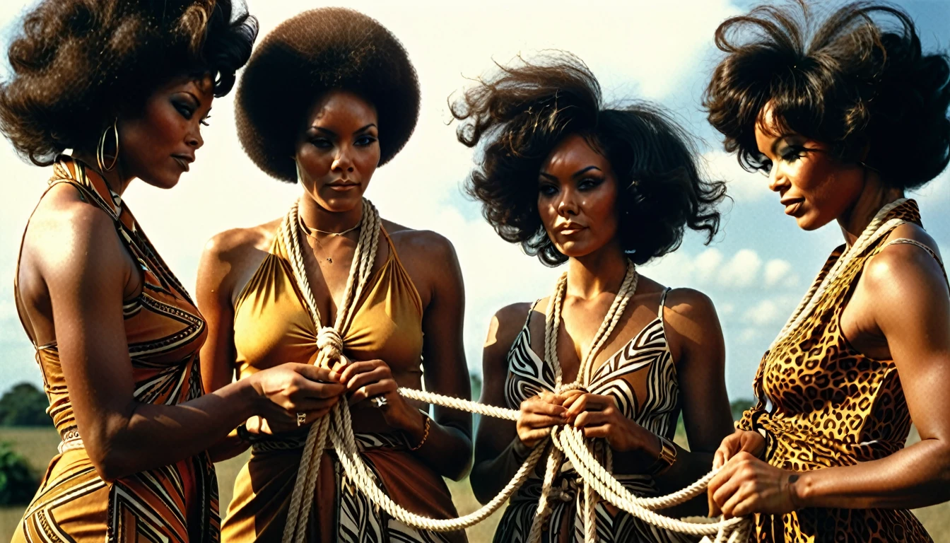 1970s photo of 3 beautiful african-american women wearing sexy 1970s attire tying a knot with rope, atmospheric perspective, textured skin, cinematic action, super detail,