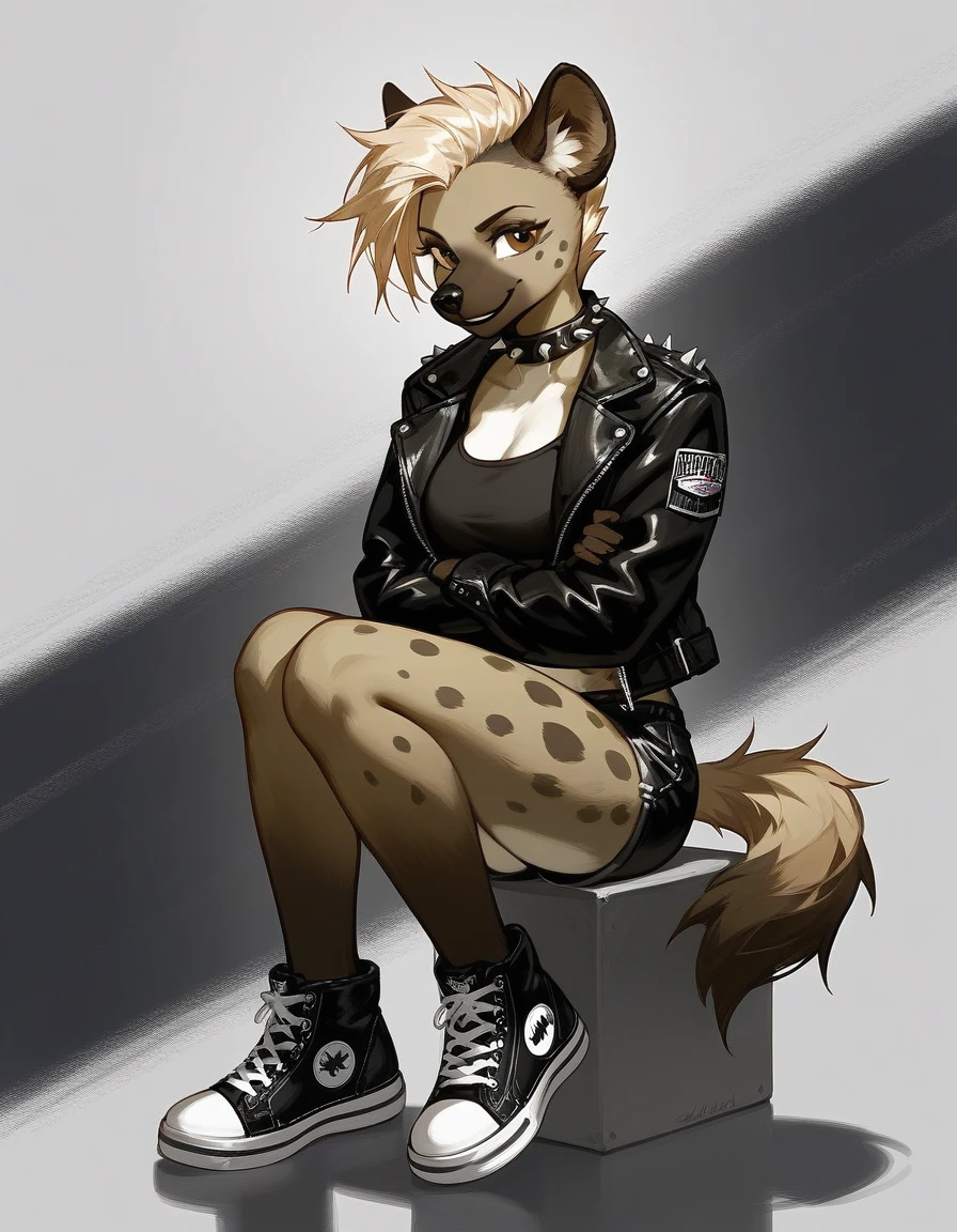 Solo, score_9,score_8_up,score_7_up, source_furry, a tall female spotted hyena, brown snout, black nose, brown eyes, short spiked undercut platinum blonde hair, black lips, hyena tail, brown hyena ears, wearing black leather jacket, black crop top, black short shorts, black and white converse shoes, arms crossed, spiked collar, soft smile, abstract grey background