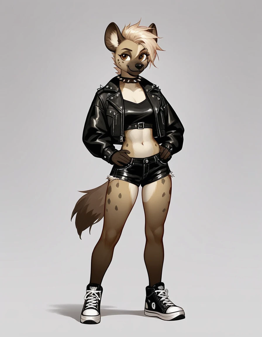 Solo, score_9,score_8_up,score_7_up, source_furry, a tall female spotted hyena, brown snout, black nose, brown eyes, short spiked undercut platinum blonde hair, black lips, hyena tail, brown hyena ears, wearing black leather jacket, black crop top, black short shorts, black and white converse shoes, arms crossed, spiked collar, soft smile, abstract grey background