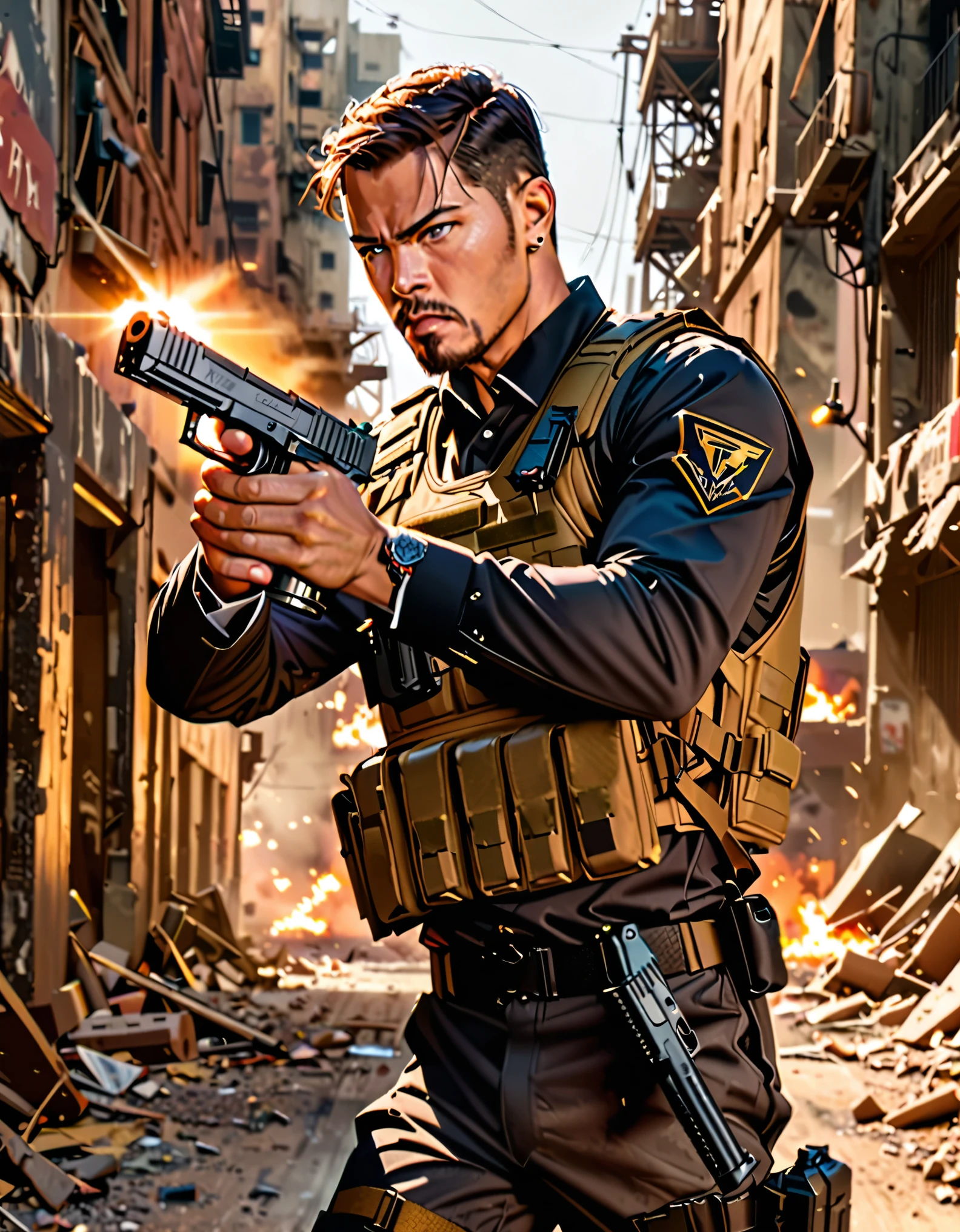 masterpiece, best quality, Soldier with dark uniform, using pistol, STI 1911, ruined background, realistic, stylish, rutkowski, goatee, brown hair, buzz hair, blue eyes, tactical vest, intricate details, hyperdetailed, cinematic, rim light, danger atmosphere