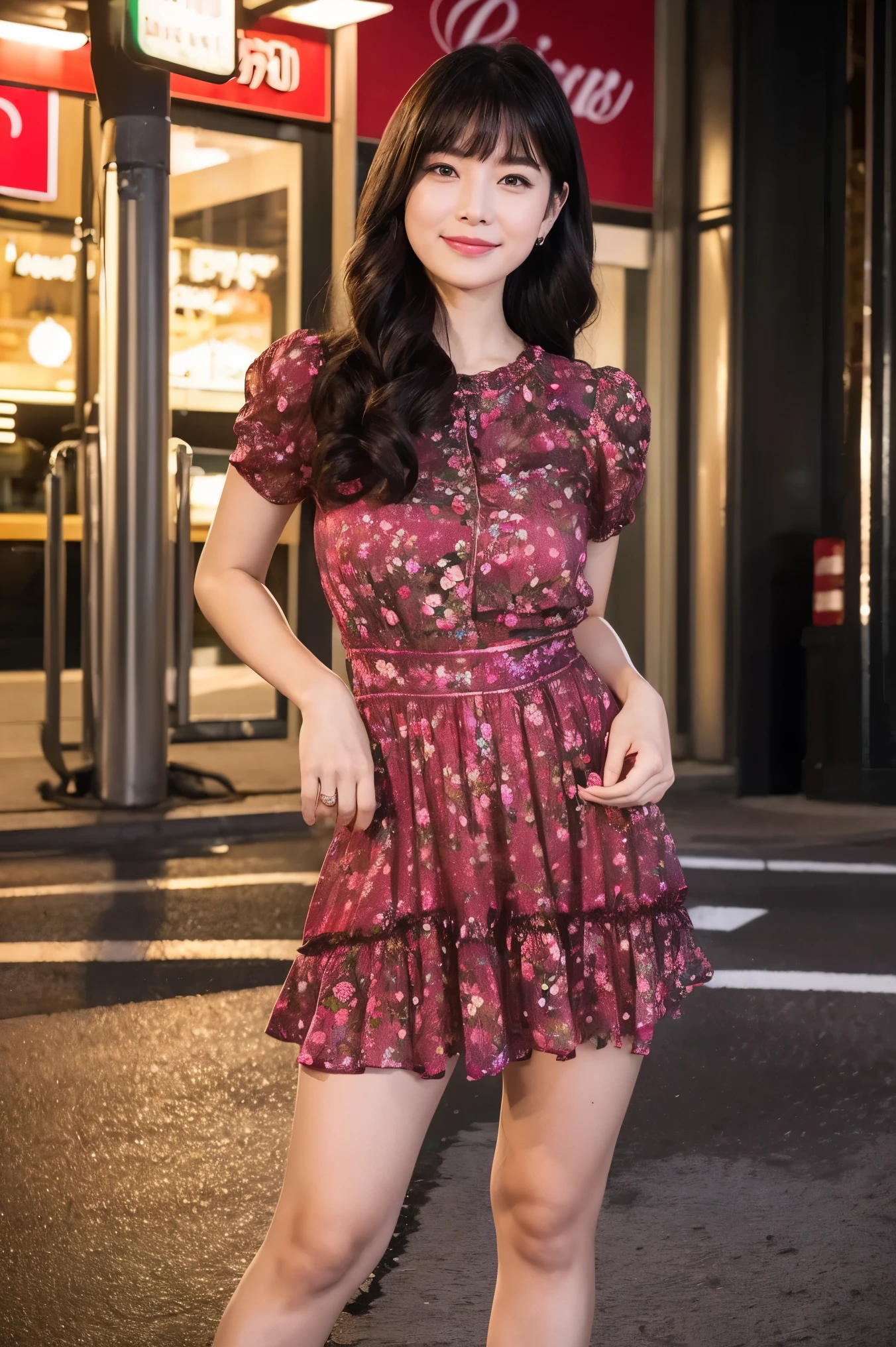Familiar,Sharp lines,Highest quality, masterpiece、Night Parking、Dark Light、Canon Photo Crystal Clear ,(Realistically:1.2), (Casual mini skirt dress in raspberry floral print)、Action pose、Take a full body photo、Lazy smile、Attractive appearance、Medium Layered Hair