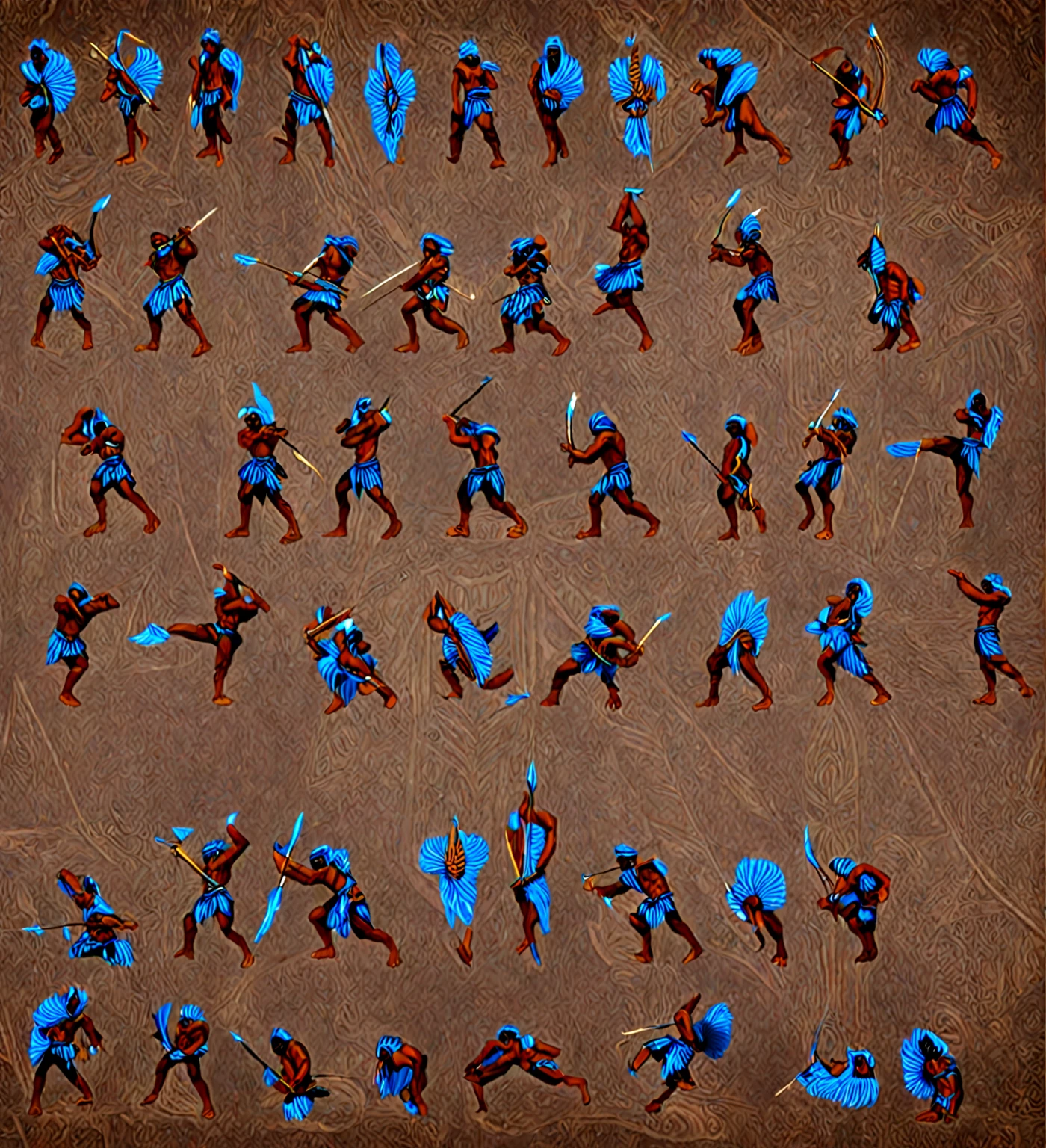 afrofuturism, a Black man with blue tribal african warrior clothes holding a bow and arrow, bow and arrow, beat em up style, afrofuturism, ultra detailed, highly detailed, african god of hunt, muscular, strong, powerful, intense expression, dynamic pose, glowing tribal tattoos, ornate headdress, digital art, cinematic lighting, deep saturated colors, dramatic shadows, epic, masterpiece, 8k, hyper realistic, photorealistic