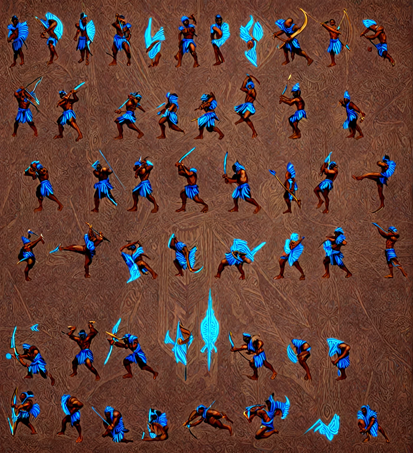 afrofuturism, a Black man with blue tribal african warrior clothes holding a bow and arrow, bow and arrow, beat em up style, afrofuturism, ultra detailed, highly detailed, african god of hunt, muscular, strong, powerful, intense expression, dynamic pose, glowing tribal tattoos, ornate headdress, digital art, cinematic lighting, deep saturated colors, dramatic shadows, epic, masterpiece, 8k, hyper realistic, photorealistic