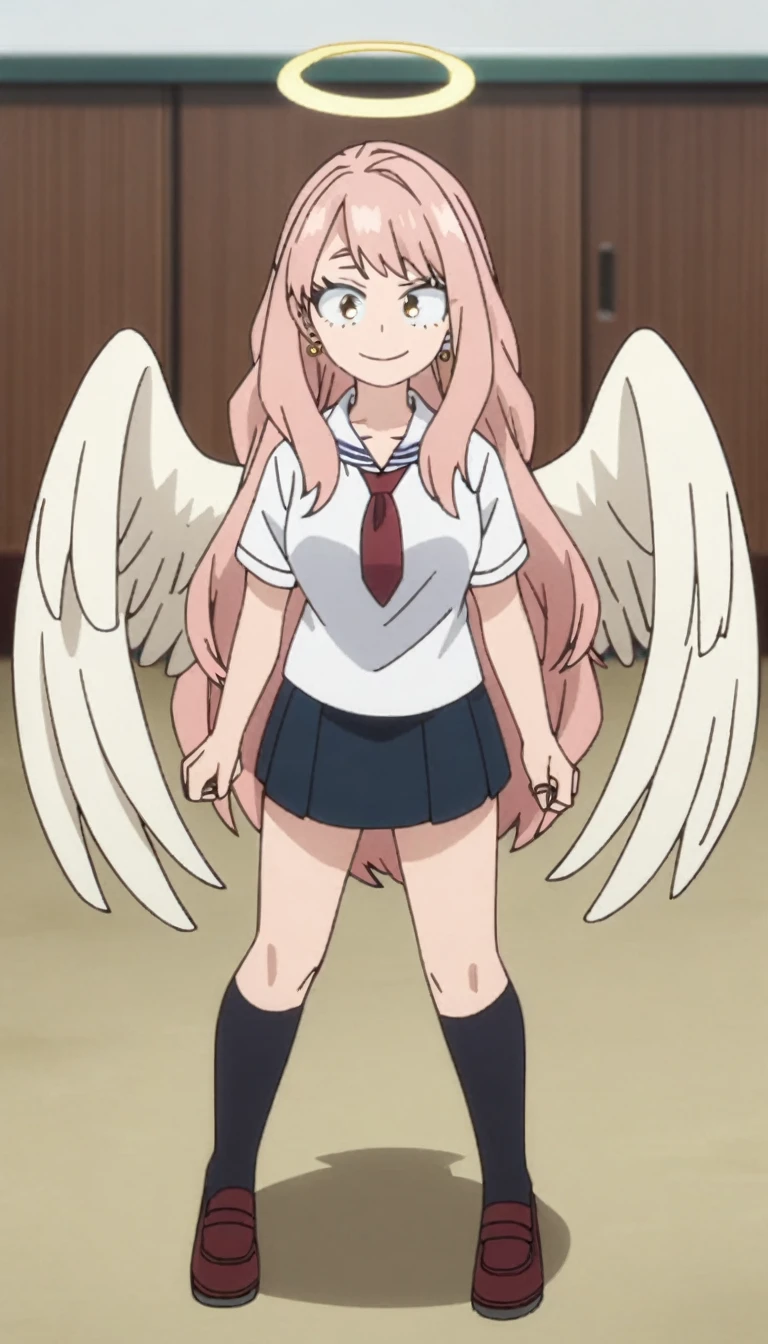 1girl, my hero academia screencap, boku no hero academia, pink hair, gold eyes, smiling, super long hair, cute, wearing white school shirt, red ribbon tie on shirt, in a classroom, cute gold earrings, bangs, , full body, large angel wings on back, halo, short skirt, thigh high black socks, big  , cute, elegant, with shoto todoroki (my hero academia)
