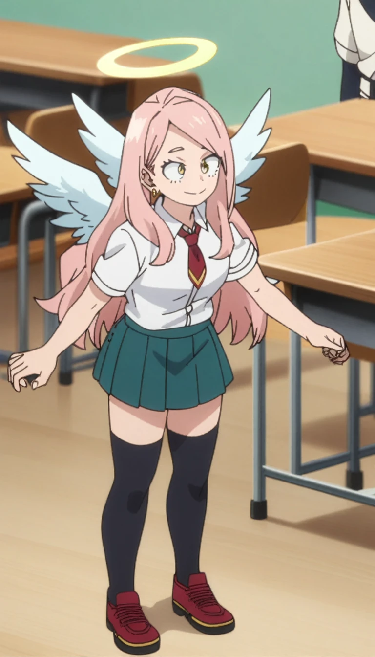 1girl, my hero academia screencap, boku no hero academia, pink hair, gold eyes, smiling, super long hair, cute, wearing white school shirt, red ribbon tie on shirt, in a classroom, cute gold earrings, bangs, , full body, large angel wings on back, halo, short skirt, thigh high black socks, big  , cute, elegant, with shoto todoroki (my hero academia)
