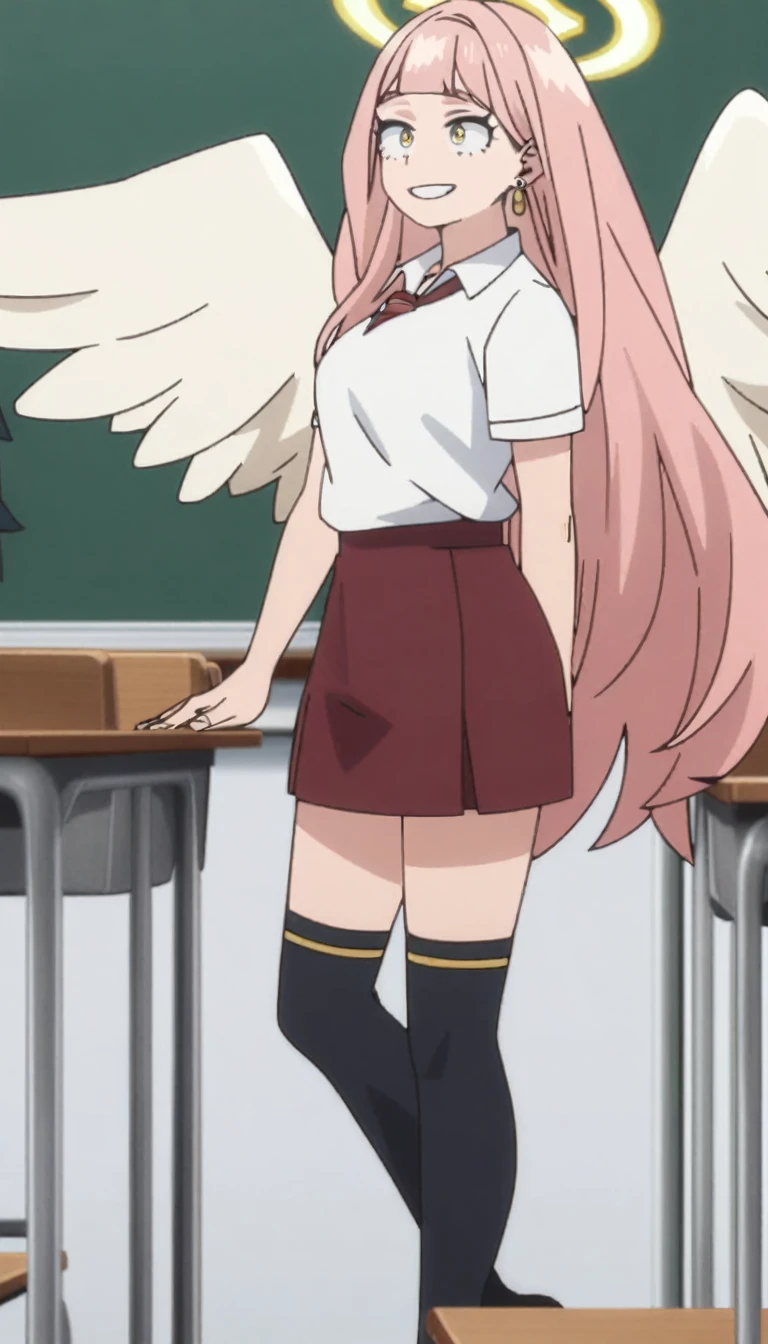 1girl, my hero academia screencap, boku no hero academia, pink hair, gold eyes, smiling, super long hair, cute, wearing white school shirt, red ribbon tie on shirt, in a classroom, cute gold earrings, bangs, , full body, large angel wings on back, halo, short skirt, thigh high black socks, big , cute, elegant, with shoto todoroki (my hero academia)